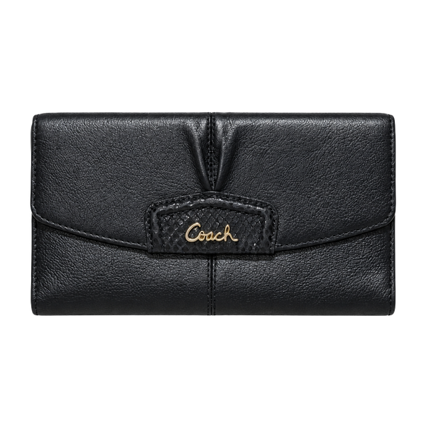 Coach Black Leather Tri-Fold Envelope Wallet with Zipper Compartment