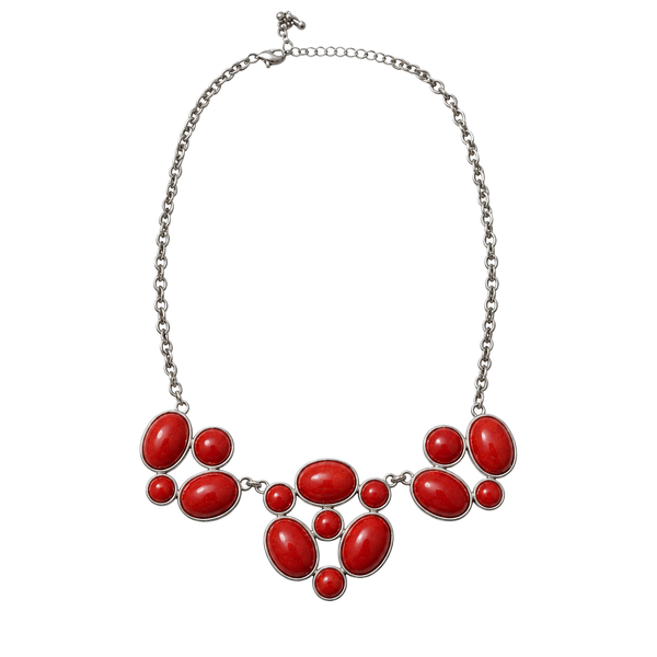 Vintage Goldtone Metal Link Chain Red Plastic Inset Bib Pendant 20" Necklace