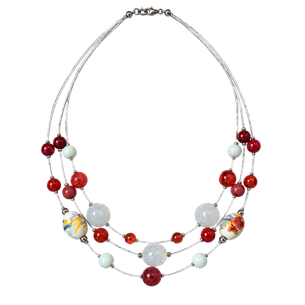 Unbranded Multi-Strand Beaded Necklace Red White Silver Accents