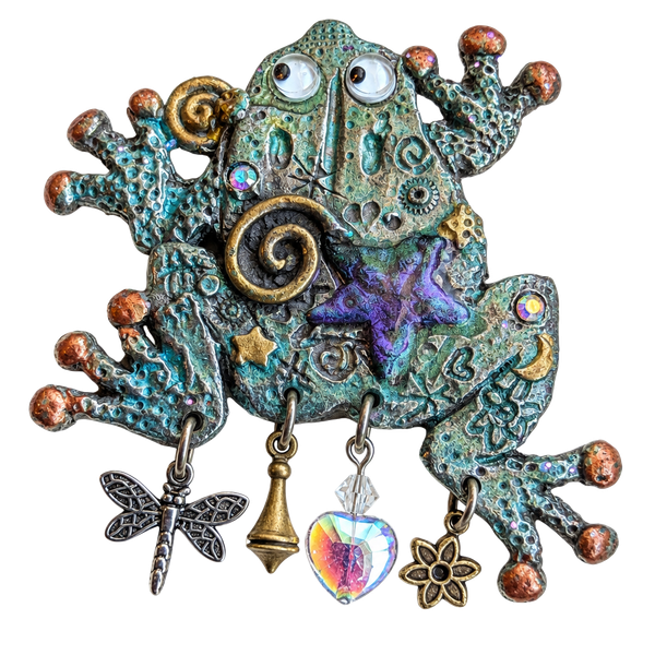 Nanette Frog Brooch Vintage Metal Dangle Charms