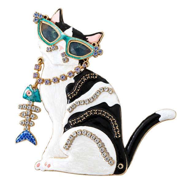 Lunch at the Ritz Cat Brooch Black White Enamel Rhinestone Glasses Fish