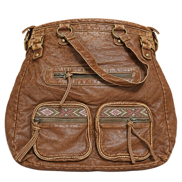 Brown Faux Leather Crossbody Bag with Geometric Pockets