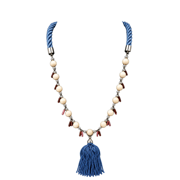 Charming Charlie Blue Cord And Peach Bead Tassel Necklace