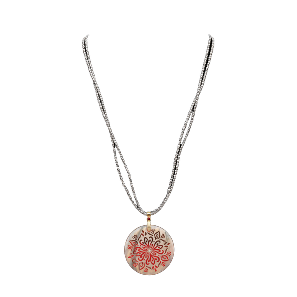 Unbranded Beaded Pendant Necklace Round Carved Shell Boho 24 Inch