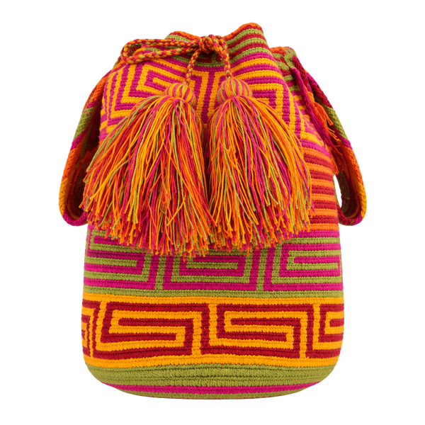 Wayuu Mochila Handbag Crochet Drawstring Bucket Bag Pink Orange Yellow