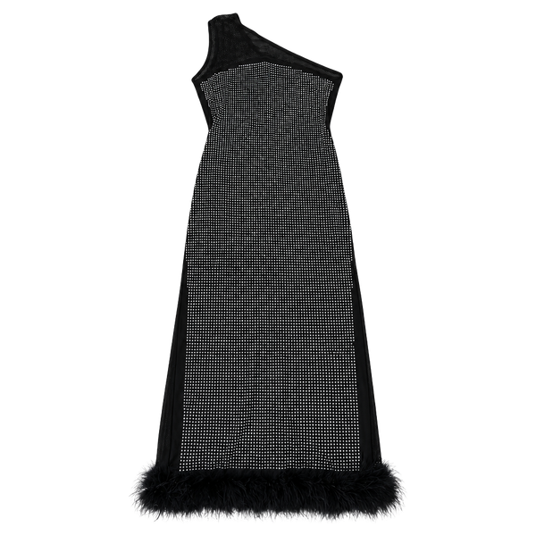Aclosy Rhinestone Mesh Feather Bandage Dress Size XXL Black One-Shoulder