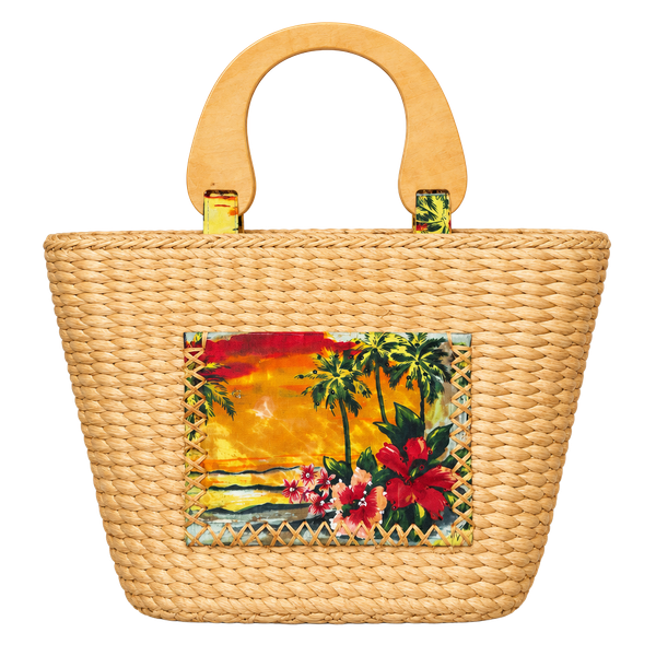 Sun N Sand Straw Handbag Tropical Floral Wood Handles