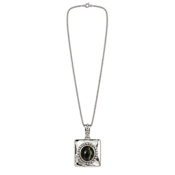 Vintage Silver Tone Square Pendant Necklace With Black Stone