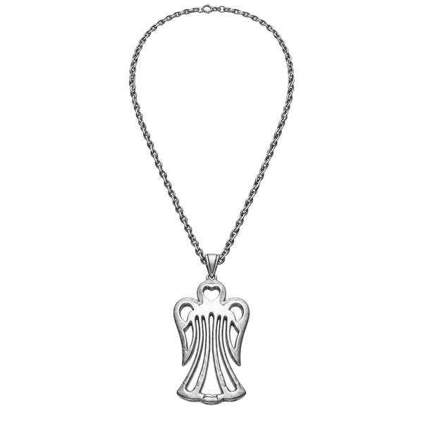 Sterling Silver Angel Pendant Necklace Open Work Heart