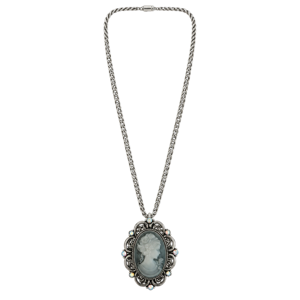 Vintage Silver Tone Gray Cameo Pendant Necklace with Crystal Embellishments