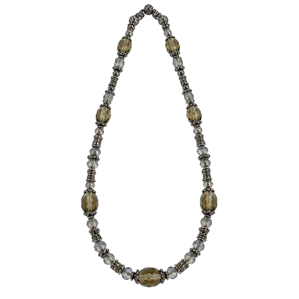 Vintage Beaded Necklace Gray Crystal Glass Silver Tone