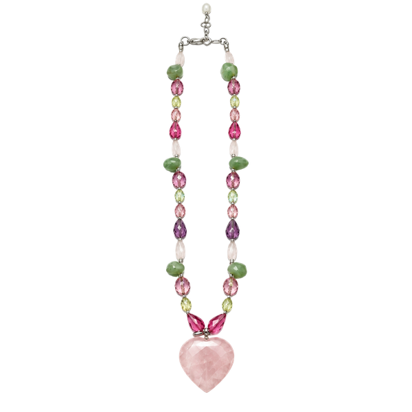 Handmade Multi-Gemstone Beaded Necklace With Rose Quartz Heart Pendant