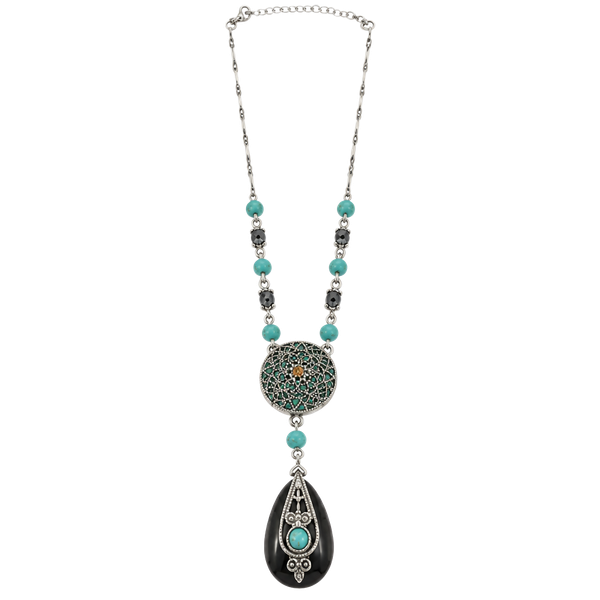 Avon Beaded and Filigree Necklace Turquoise Black Silver Tone Pendant