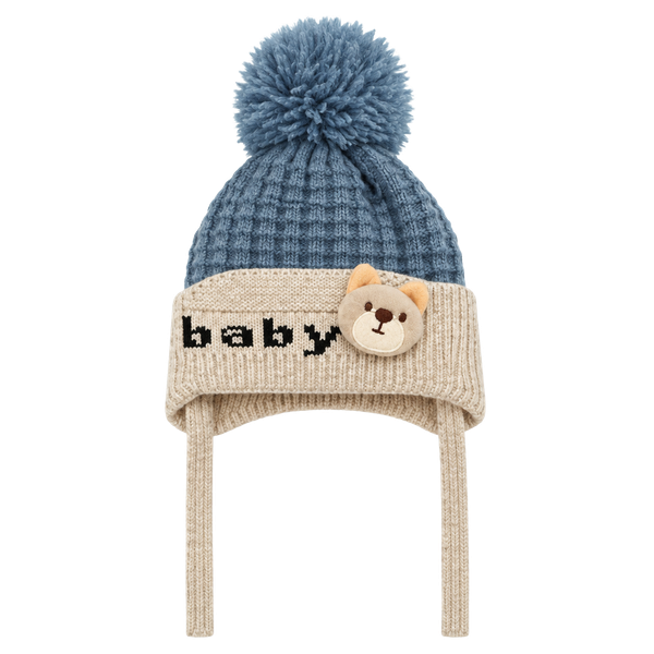 Unbranded Baby Bear Earflap Beanie Hat Blue Knit Pom Pom