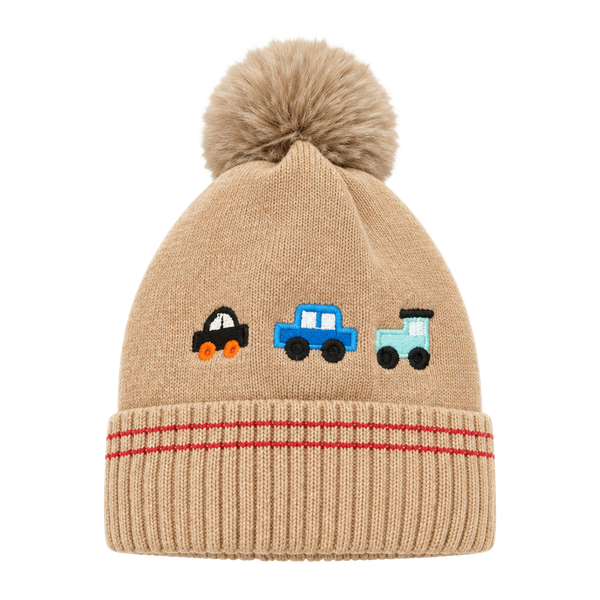 Kids Transportation Pom Pom Beanie Car Design Beige Winter Hat