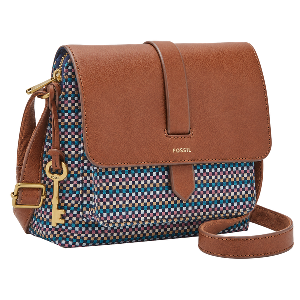 Fossil Women's Crossbody Bag Brown Leather Multicolor Checkered Accent