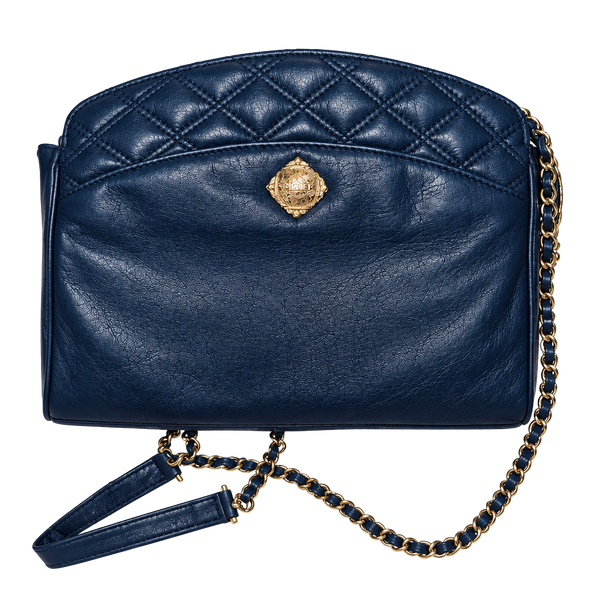 Vintage Monet Quilted Leather Crossbody Shoulder Bag Blue Gold Chain