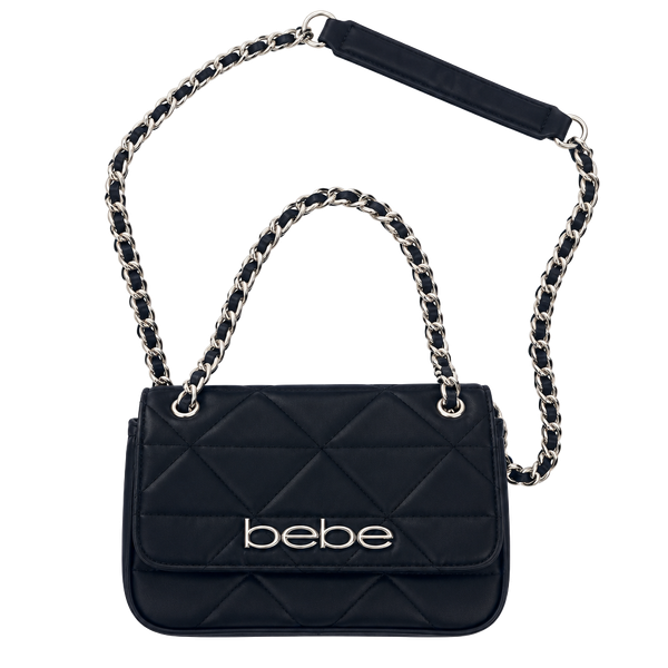 Bebe Crossbody Handbag Tote Black Faux Leather With Gold Chain & Logo Small Size