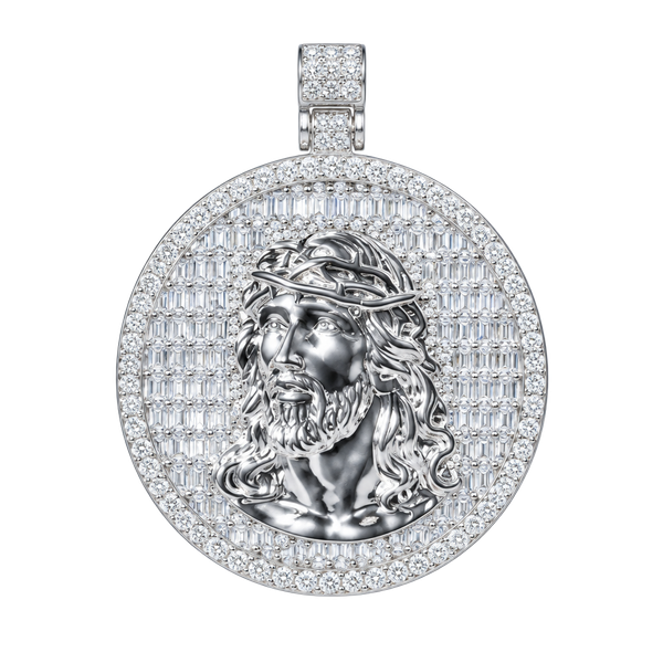 14k white gold thermal infused over brass Jesus medallion ice cz stones 