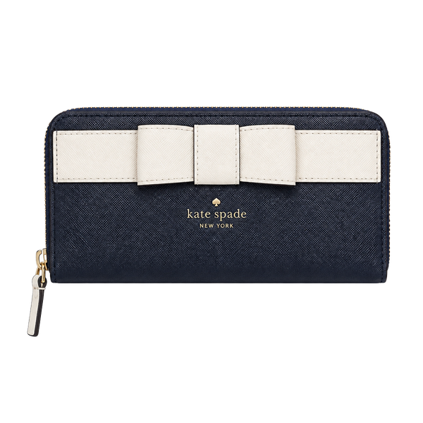 Kate Spade Navy Blue and White Bow Zip Around Wallet