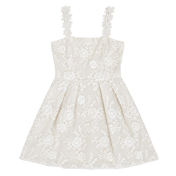 Just Me Lace Mini Dress Ivory Cream 3D Floral Crochet Straps Skater Fit Flare, Small