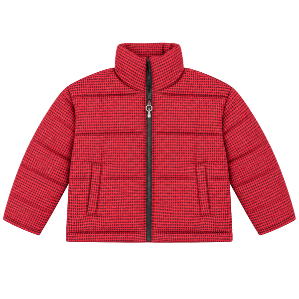Celebrity Pink Plaid Puffer Jacket Red Black Houndstooth Cropped Zip Up, Mediu.