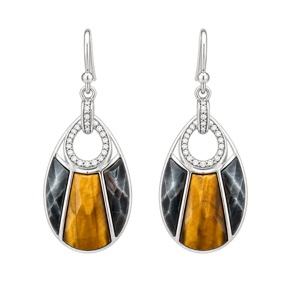 Vintage Monet Inlaid Tiger's Eye & Black Onyx Dangle Drop Earrings Signed