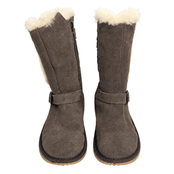 UGG Kids Boots Size 2 Brown Suede Double Buckle Cream Lined Side Zip