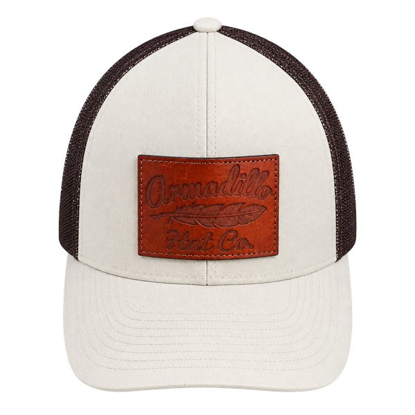 Armadillo Hat Co. Trucker Hat 104C Pro Model Tan Brown Leather Patch Snapback
