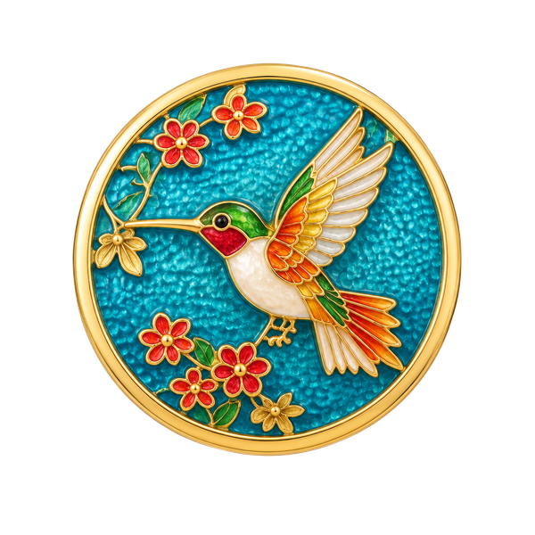 Cloisonne Hummingbird Floral Round Enamel Brooch Pin 1inchX1inch 