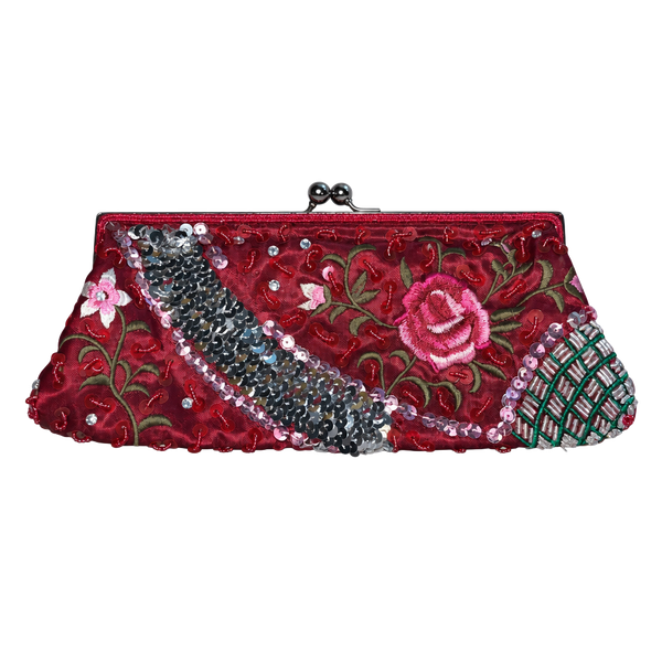 Aldo Red Floral Beaded Sequin Evening Clutch Bag Kiss Lock Purse
