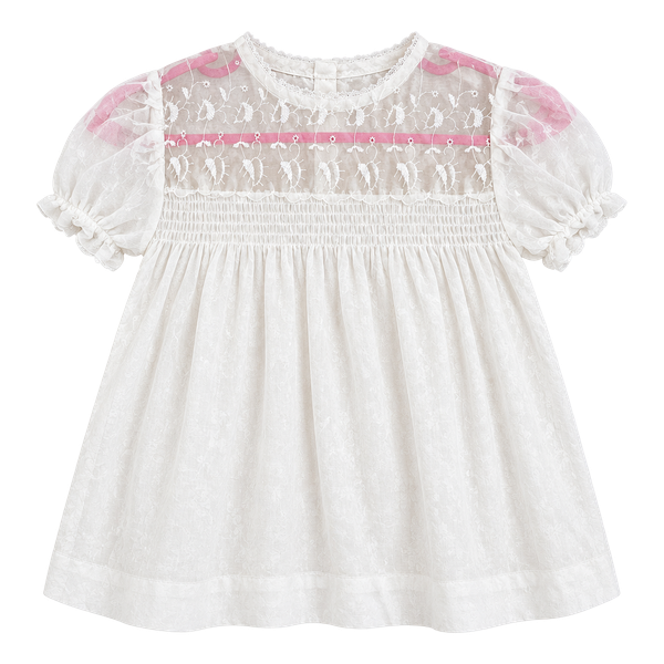 Vintage White Smocked Embroidered Baby Dress with Puff Sleeves