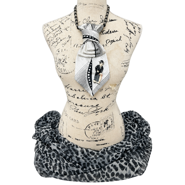 Upcycled Silk Tie Necklace Charlie Chaplin Brooch