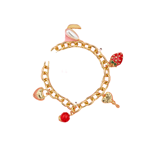 Juicy Couture Gold Charm Bracelet with Red Strawberry Pearl Heart Key Charms