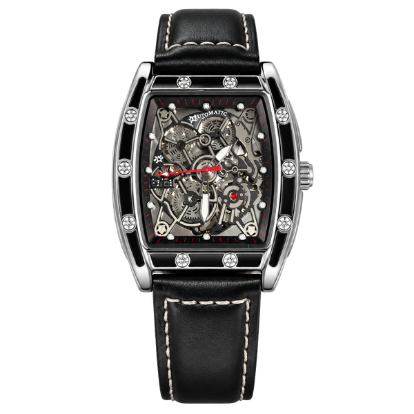 BIBI Luxury Men Automatic Skeleton Tonneau Wristwatch Black Leather