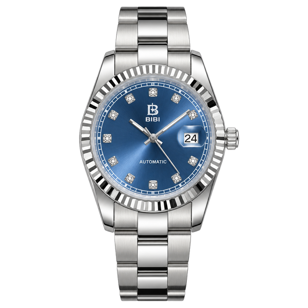 Bibi Automatic Luxury Wristwatch Blue Dial Diamond Accent Stainless Steel Band