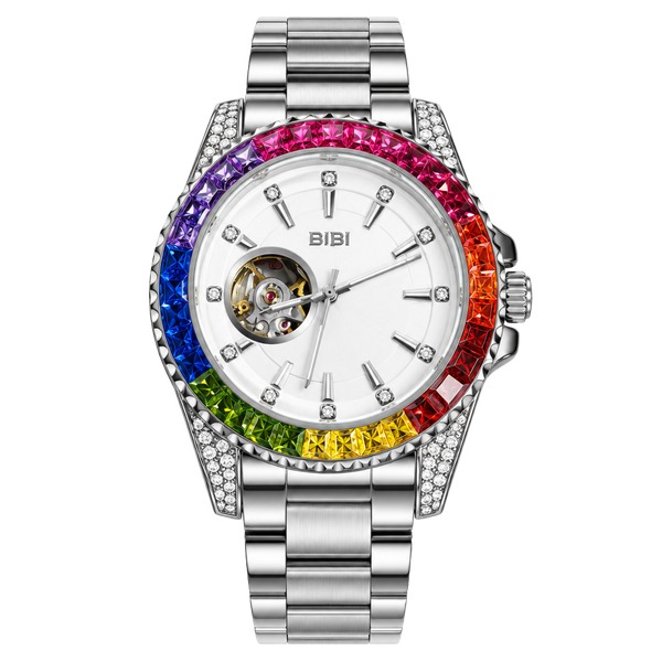 BIBI Automatic Mechanical Watch Rainbow Bezel Silver Steel Open Heart