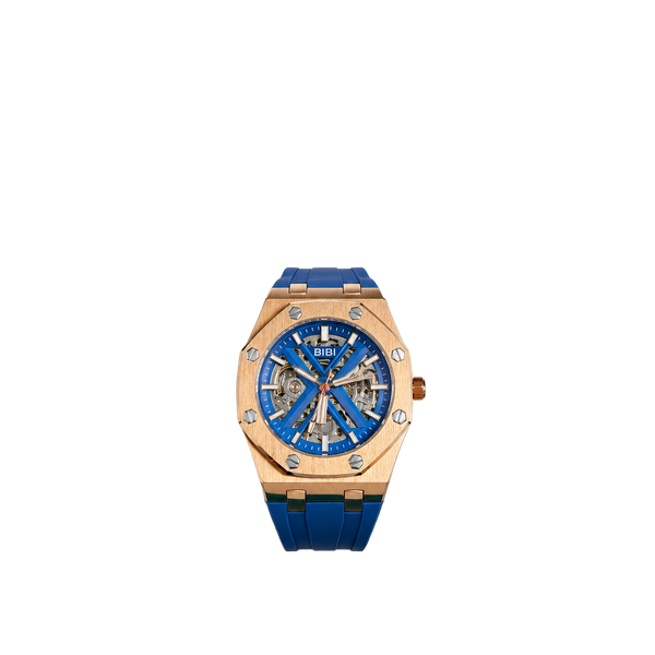 BIBI Luxury Automatic Skeleton Watch Rose Gold Tone Blue Silicone Band