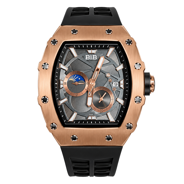 BiBi Rose Gold Tone Tonneau Skeleton Dial Black Rubber Watch