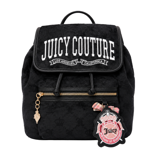 Juicy Couture BlackVelour Drawstring Backpack withLogo Embroidery&Heritage Charm