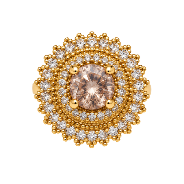 Gold Tone Cluster Cocktail Ring With Pink Center Stone