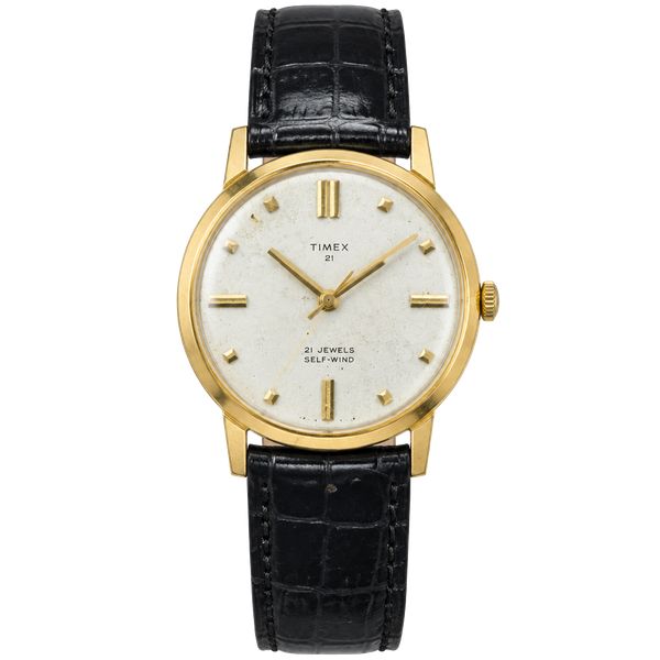 VINTAGE TIMEX 1968 21J AUTOMATIC MECHANICAL SELF-WIND MEN'S GOLDEN LEATHER WATCH