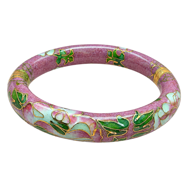 Vintage Cloisonne Enamel Hinged Bangle Bracelet Pink Green Floral