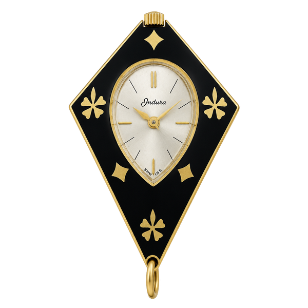 Endura Lady Luck Watch Black Enamel Gold Tone Pendant Necklace