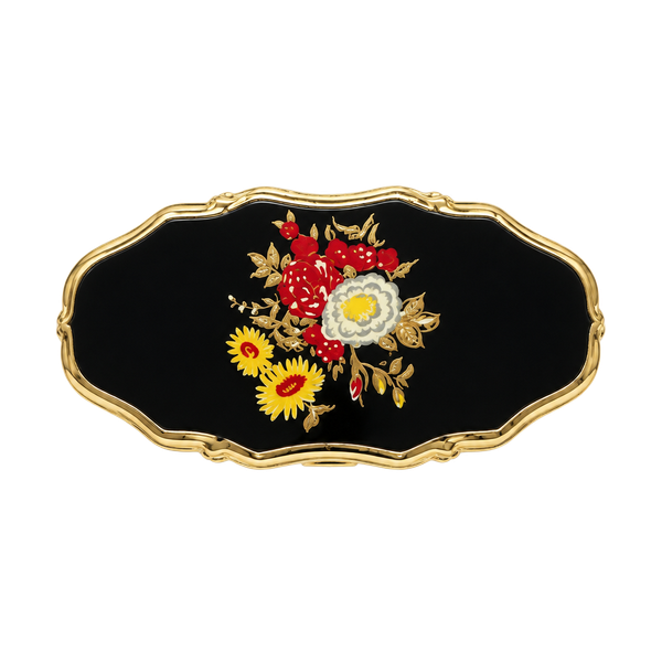 Vintage Japan Enamel Floral Black Gold Adjustable Statement Ring