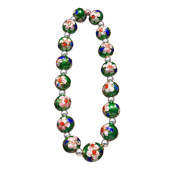 Vintage Green Cloisonne Enamel Beaded Bracelet with Silver Spacer Beads