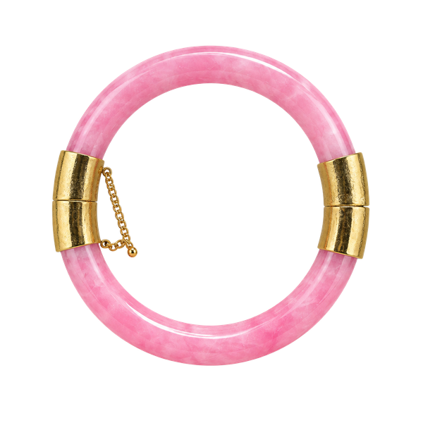 Vintage Pink Peking Glass Hinged Bangle Bracelet Safety Chain
