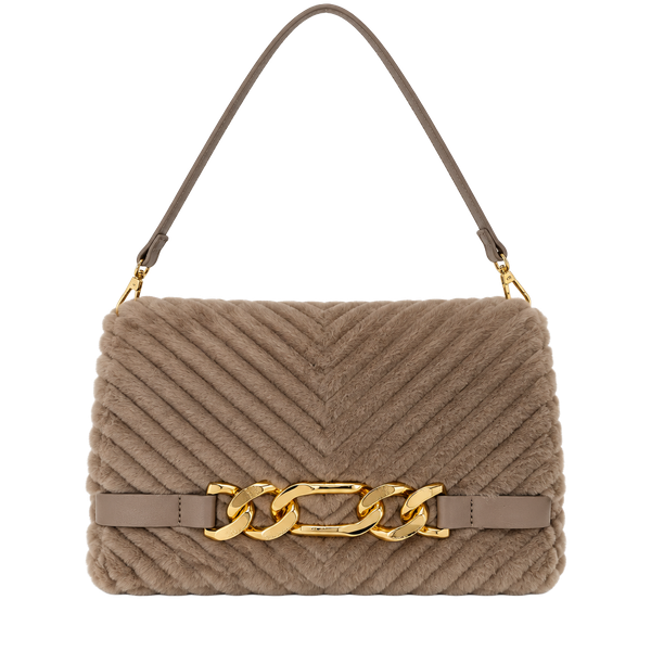 INC International Concepts Faux Fur Shoulder Bag Taupe Chain Details