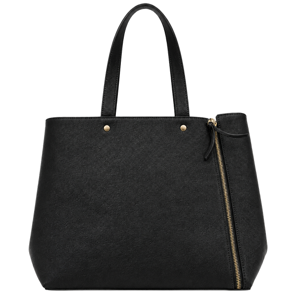 Neiman Marcus Black Faux Leather Open Top Tote Bag with Side Zippers