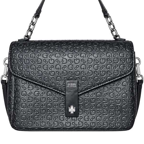 Guess Logo Embossed Metallic Silver Top Handle Crossbody Bag